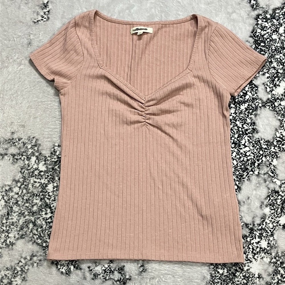 Madewell Ribbed Sweetheart Neck Top Pink Short Sleeve Fitted Knit Size XS